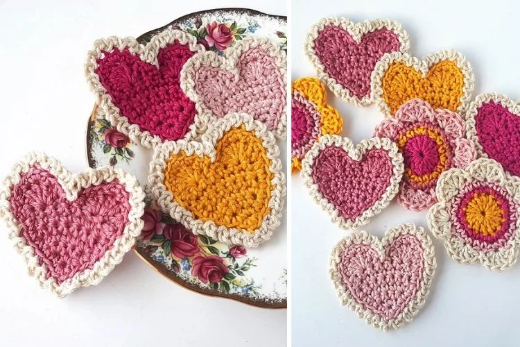 Crocheted heart coasters on a plate.