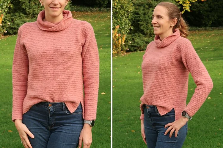 Two pictures of a woman wearing a pink sweater and jeans.