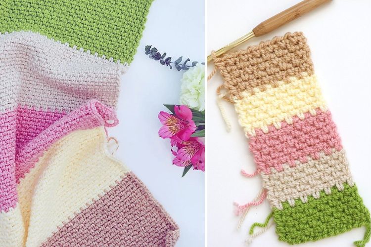 A crocheted afghan with a knitting needle and a crochet hook.