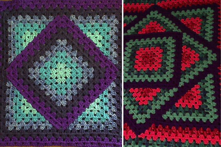 A green, purple, and black crocheted afghan.