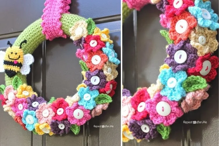 A crocheted flower wreath with a bee on it.