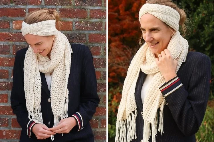 Two pictures of a woman wearing a scarf and hat.