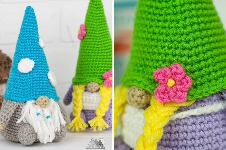 Two crocheted gnomes in different colors.