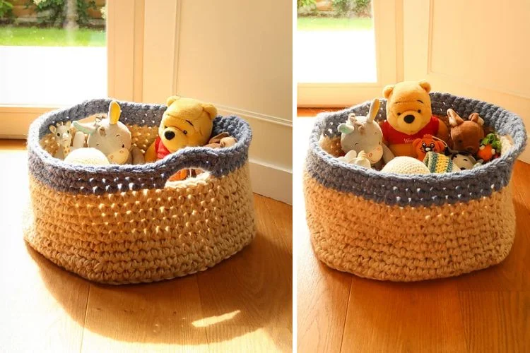 Two pictures of a crocheted toy basket.