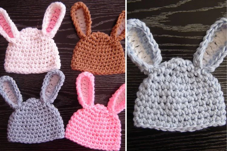 Crocheted bunny ears hats.