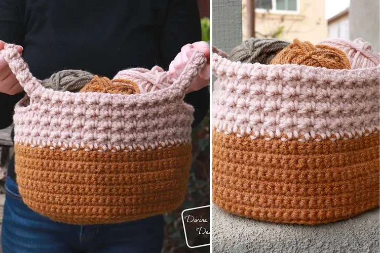 A person holding a crocheted basket full of yarn.