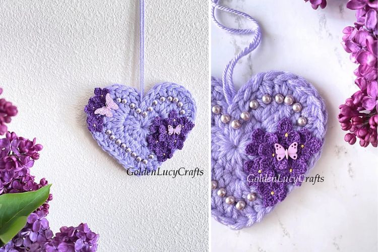 Two pictures of a crocheted heart with purple lilacs.