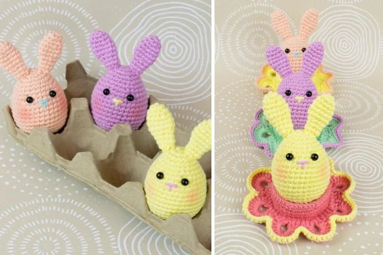 Crocheted easter bunnies in an egg carton.