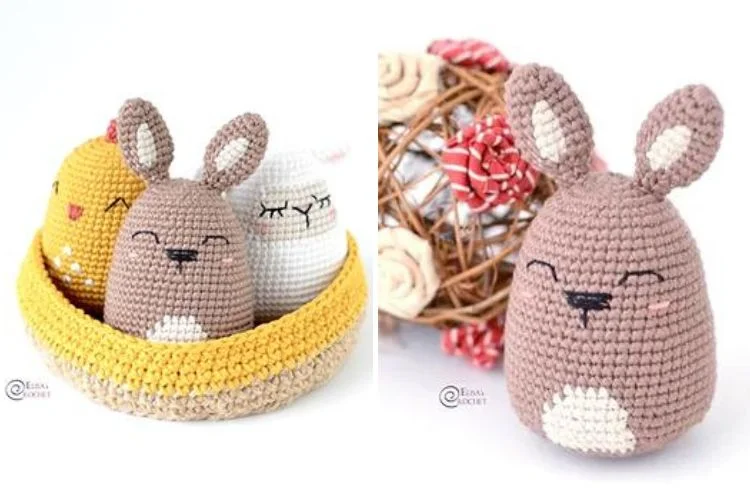 A crocheted bunny and a chicken in a basket.