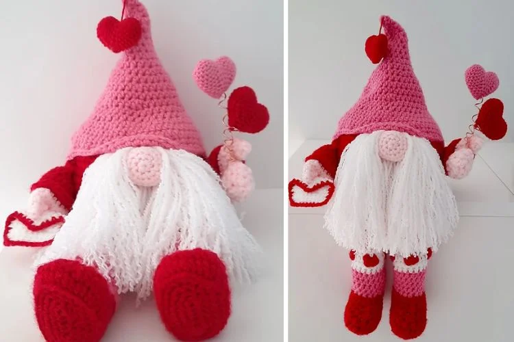 Valentine's day crocheted gnome.