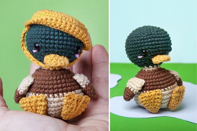 Two pictures of a crocheted duck.