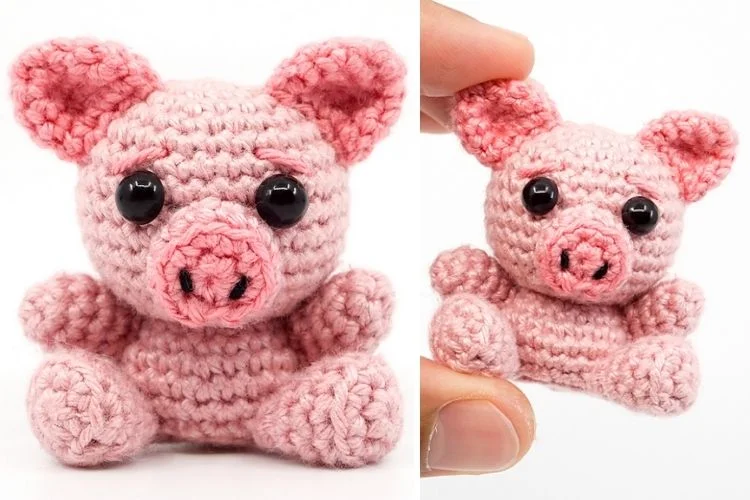 Two pictures of a crocheted pink pig.