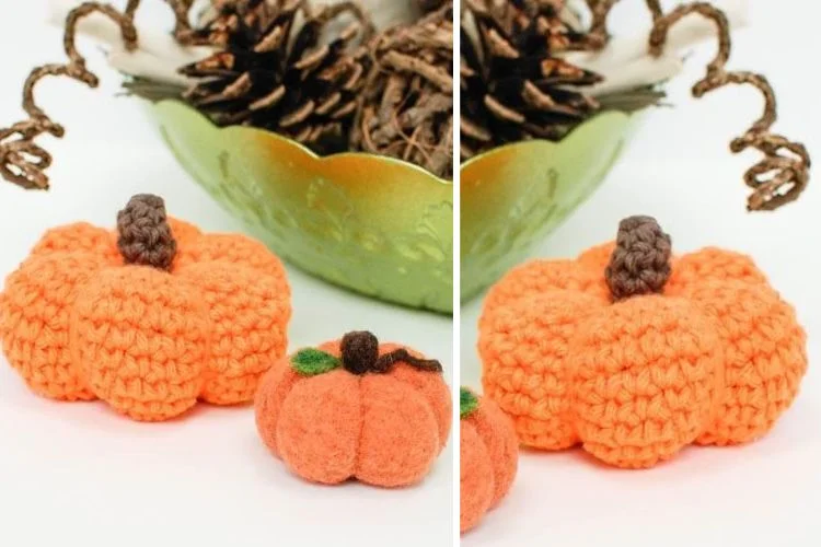 Crocheted pumpkins in a bowl with pine cones.