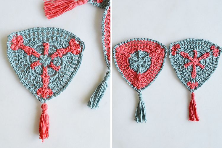 Two pictures of crocheted tassels with tassels on them.