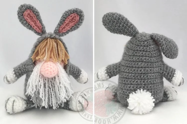 Two pictures of a crocheted bunny with a beard.