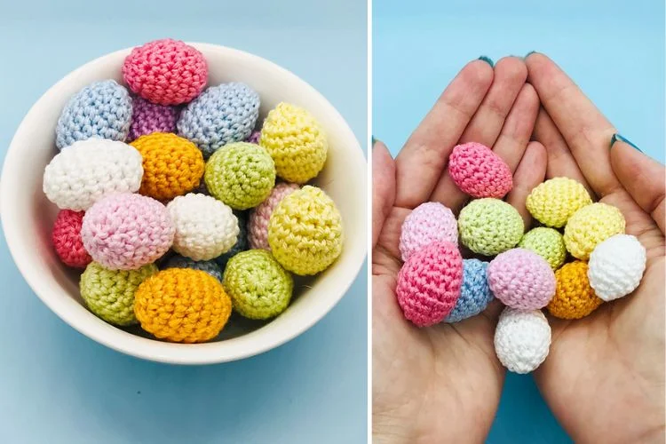 Crocheted easter balls in a bowl.