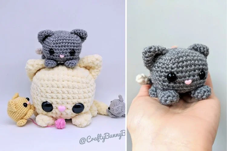 Two pictures of crocheted amigurumi cats.