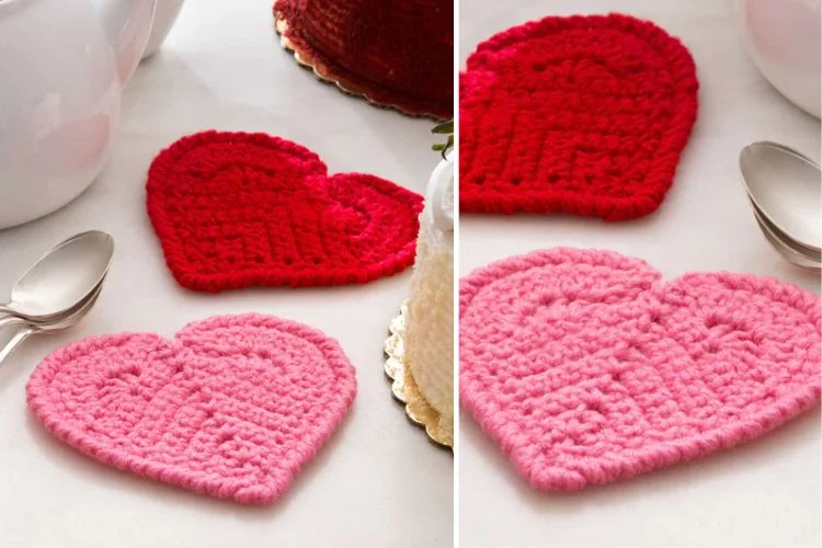 Valentine's day crochet heart coasters.