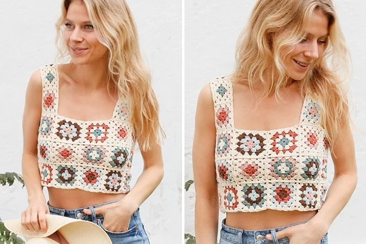 Two pictures of a woman wearing a crocheted top.