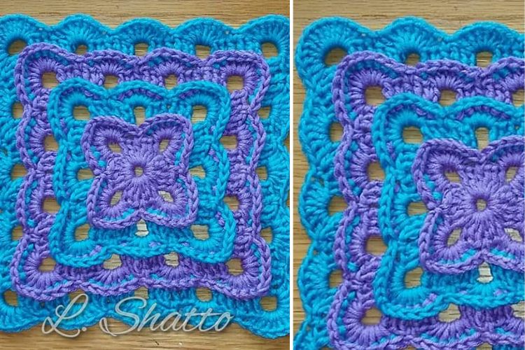 Two pictures of crocheted squares in blue and purple.