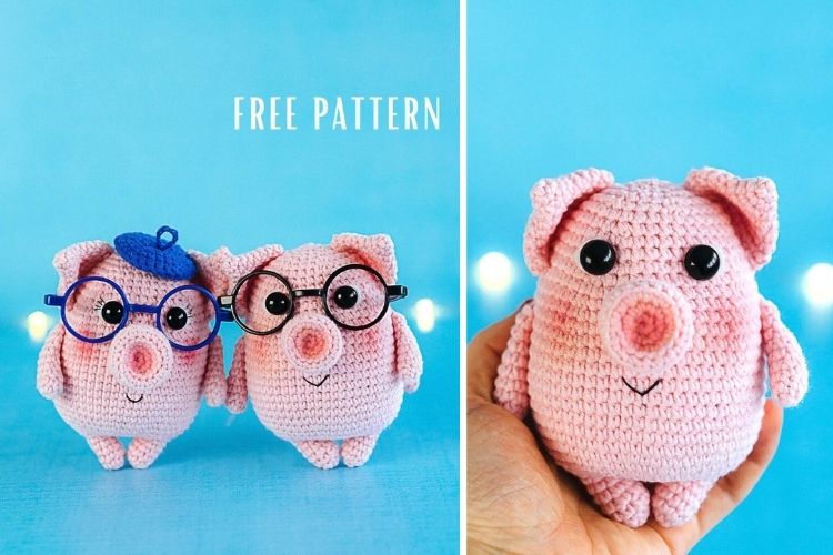 Two pictures of crocheted pigs with glasses.