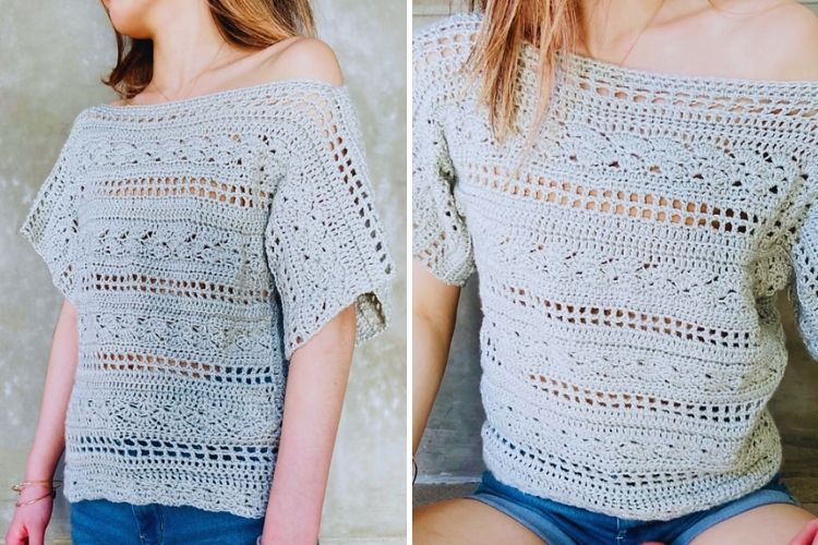 A collage of a woman wearing a crochet top.