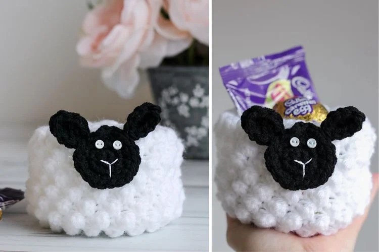 Crocheted easter basket with a sheep face.