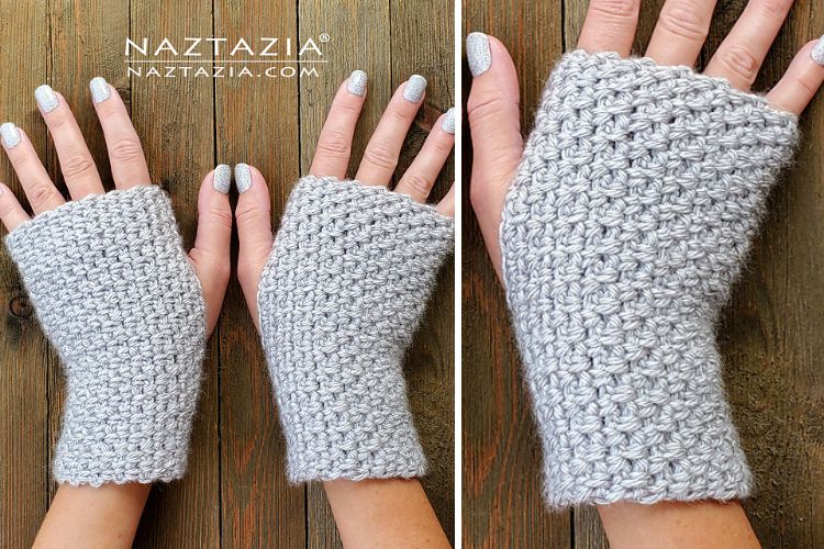 A pair of crocheted fingerless gloves.