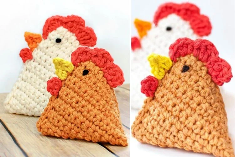 Two crocheted chickens on a wooden table.