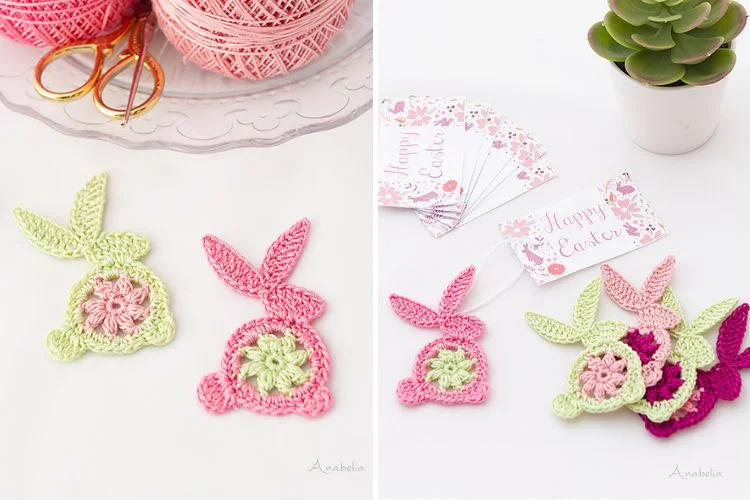 A collage of crocheted bunny decorations.