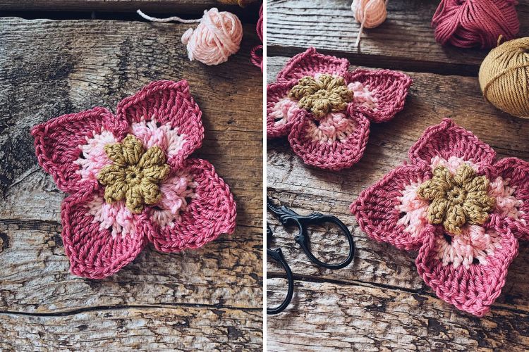 Two pictures of crocheted flowers on a wooden table.