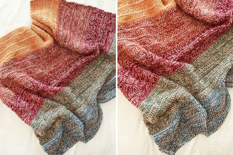 Two pictures of a knitted blanket on a bed.