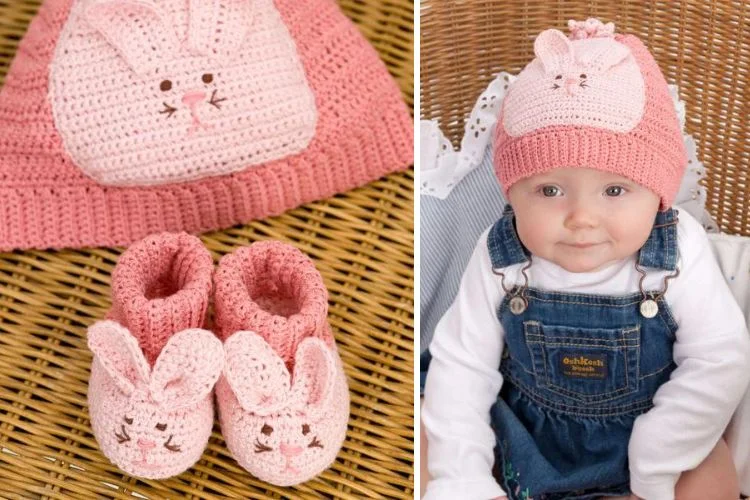 A baby wearing a pink bunny hat and booties.