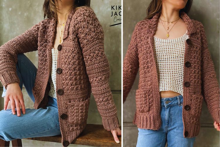 Two pictures of a woman wearing a knitted cardigan.