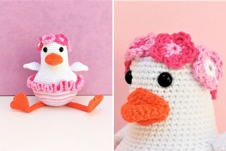 A crocheted duck toy adorned with a floral headband, sitting against a pastel backdrop.