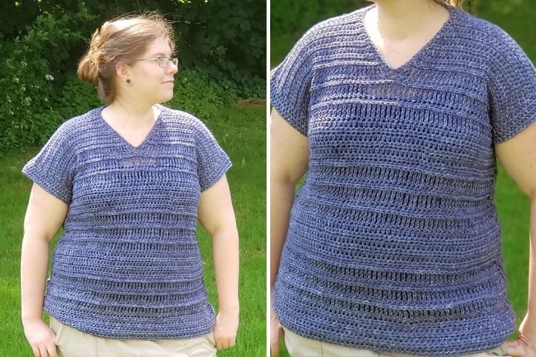 A person wearing a handmade blue crocheted top posing in a grassy area.