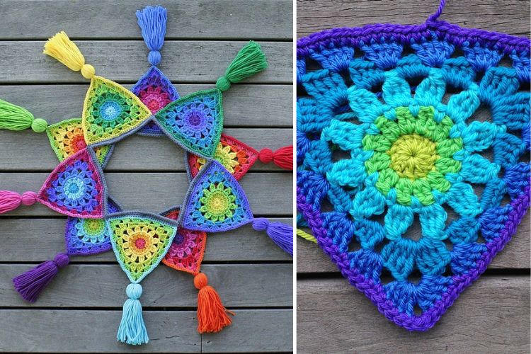 Handmade crochet mandala patterns with colorful yarn and tassels displayed on a wooden surface.