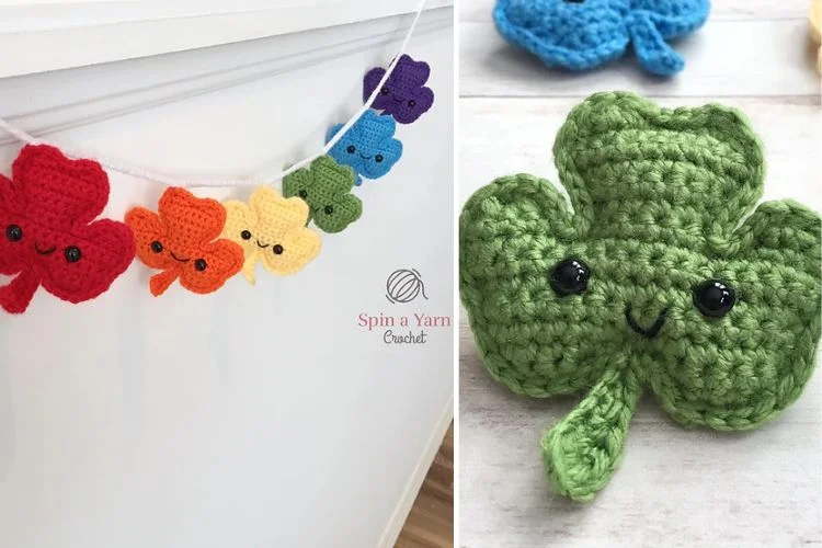 Colorful crochet star and shamrock shapes with cute faces displayed as decorative items.