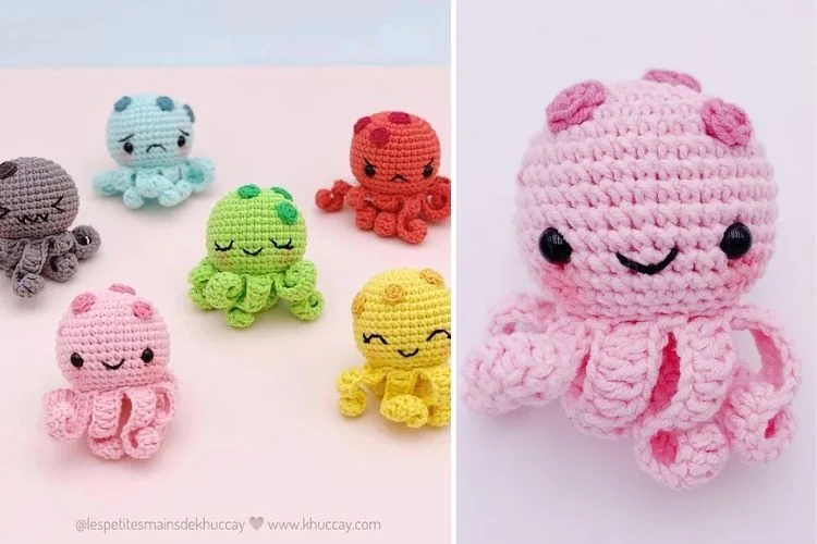 A collection of colorful crocheted octopus toys displayed side by side, with a close-up of a pink one on the right.