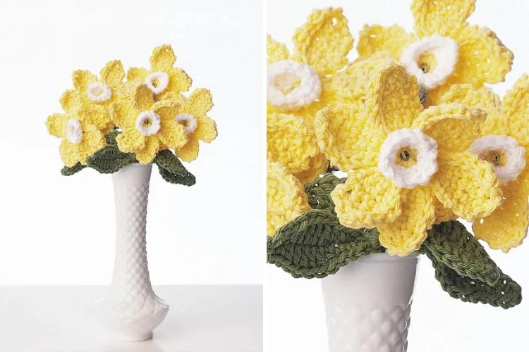 Crocheted daffodils in a vase.