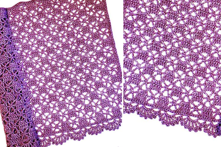 Two pieces of purple lace fabric with intricate patterns displayed side by side.