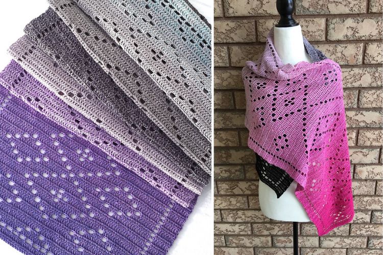 A handmade crocheted shawl displayed in two images: one spread out to show the pattern detail and the other draped over a mannequin.