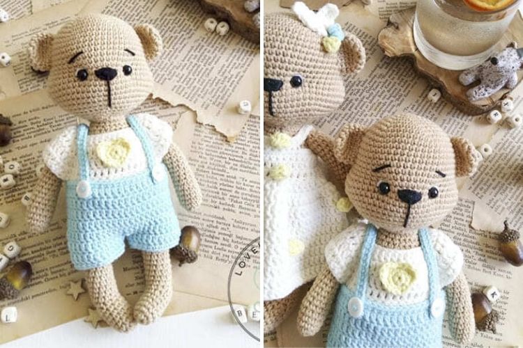 Hand-crocheted teddy bears with overalls on a vintage paper background.