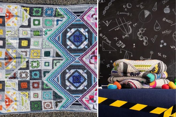 A colorful array of crocheted squares forming a blanket on the left, and the same blanket neatly folded on a chair with a blackboard of chalk-drawn scientific symbols in the background on the right.