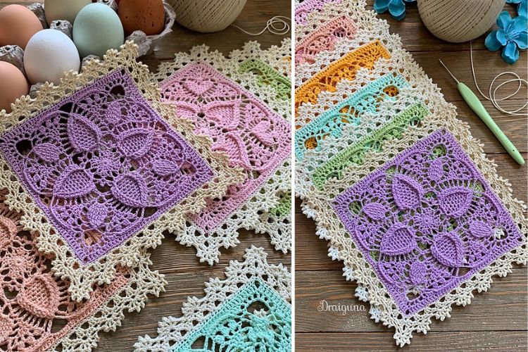 Handmade crochet squares in pastel colors with a floral pattern, displayed alongside crochet materials and eggs.