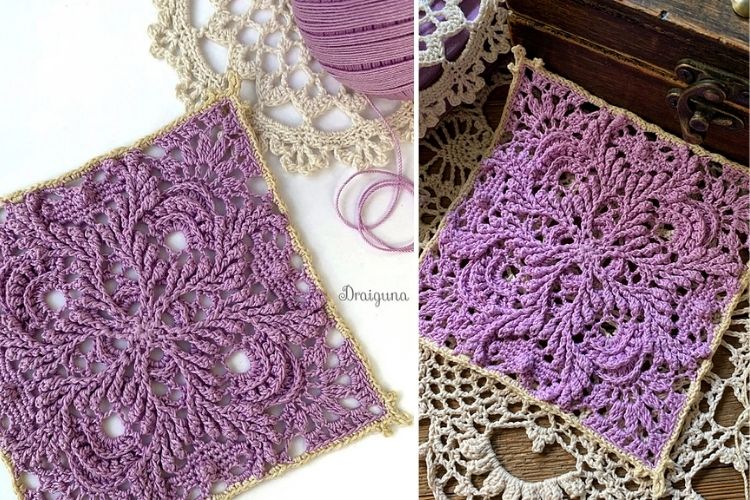 Two intricately crocheted purple lace squares next to rolls of thread, displayed on a wooden surface.