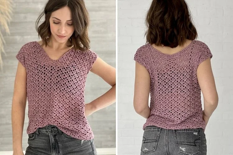 Woman modeling a pink crocheted top, showcasing the front and back views.