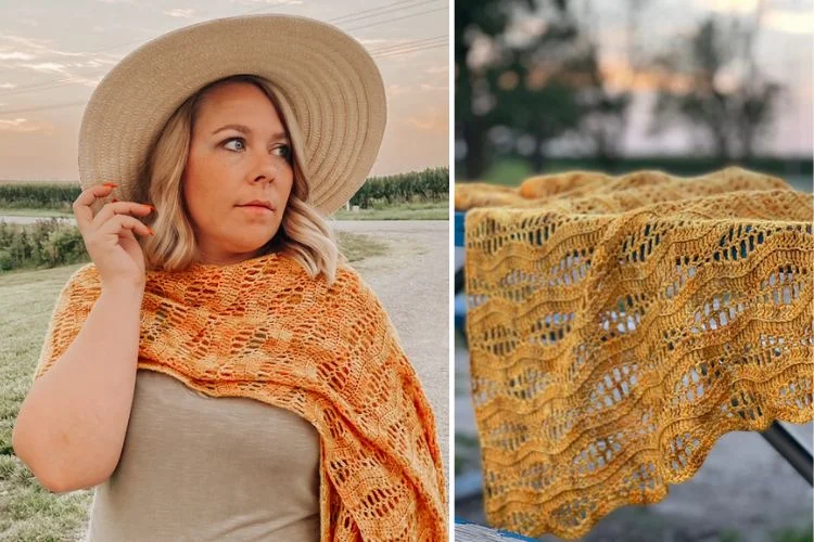 Woman in a wide-brimmed hat looking to the side with an orange shawl, beside a close-up of the shawl's intricate pattern.