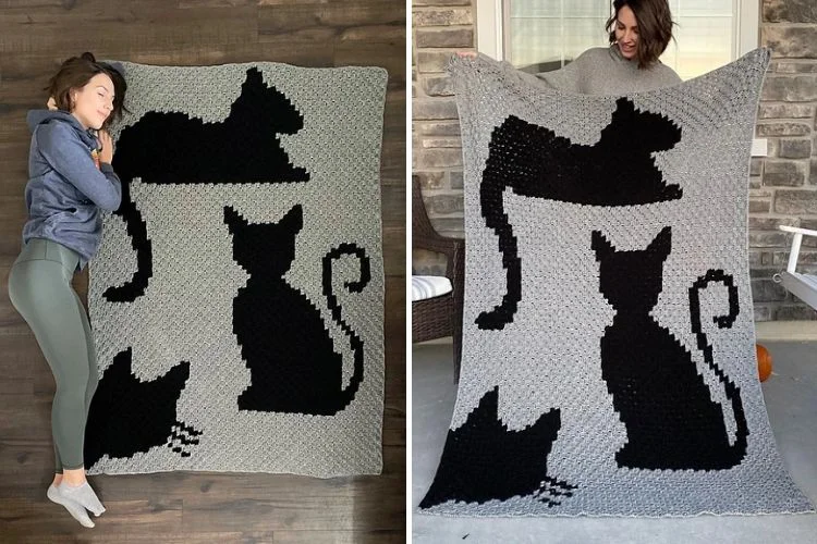 Two pictures of a woman holding a crocheted cat blanket.