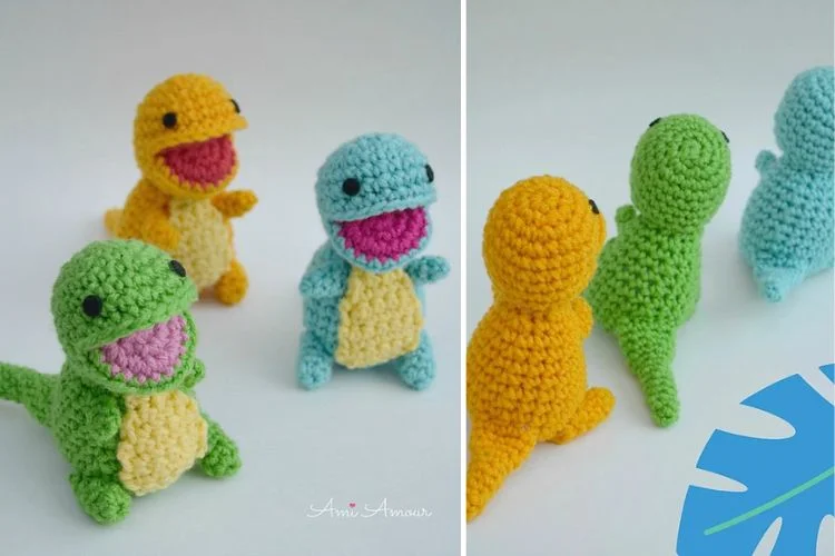 Colorful crocheted dinosaur toys in two different views.